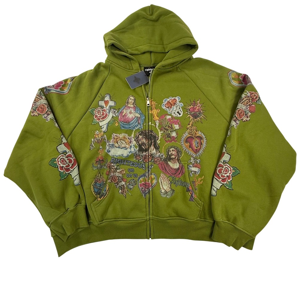 Righteous God Got Us Olive Green Tattoo Graphic Zip Up Hoodie Mens New